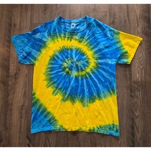 Colortone Tie Dye T Shirt Blue Yellow Green Swirl Graphic Tee Men's Large Retro‎